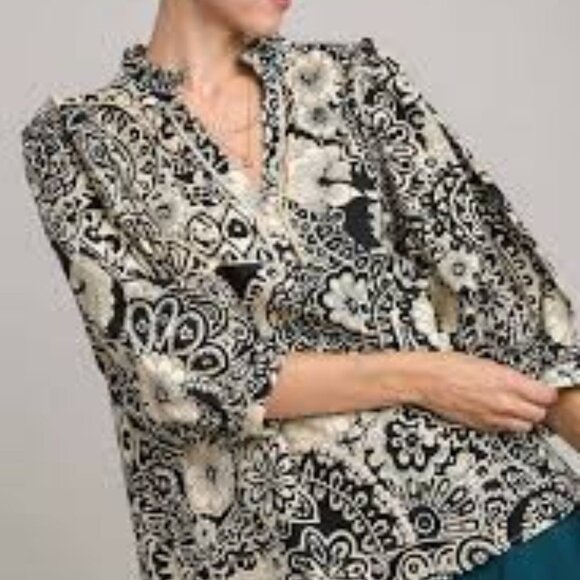 Umgee Tunic Top Women's Size L Mixed Floral Print Hi Low Hem Boho Chic Feminine - Picture 8 of 16